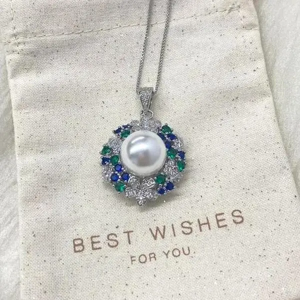 Vintage Multi Color Gemstone Wreath Pearl Pendant Necklace Luxury Silver Round Pearl Statement Necklace Wedding Party Jewelry