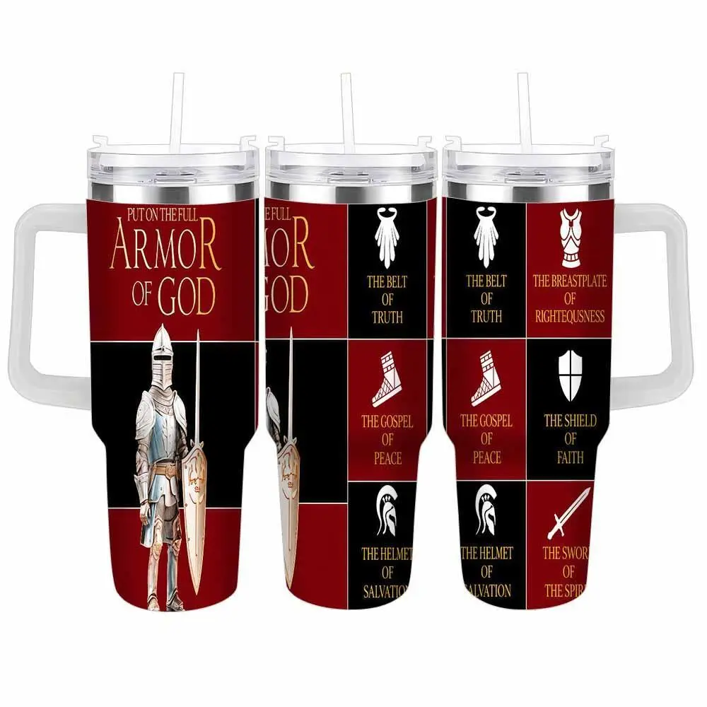 Armor of God Auto Cup (40oz/30oz/20oz) Christian Faith Print Religious Knight Design Durable Stainless Steel Double Wall Insulated Spill Proof Handle Travel Coffee Mug Perfect for Church Office Home Gift summerwins