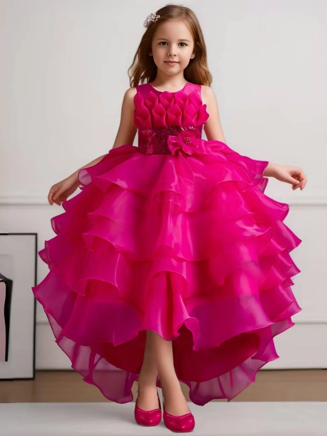 Girl's Contrast Sequin Bow Decor Tiered Layer Satin Fit & Flare Dress,  Elegant High Low Hem Sleeveless Party Princess Dress for Performance  Wedding Guest, Kids Clothes for All Seasons - TikTok Shop