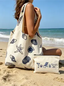 A canvas tote bag inspired by the beach, featuring women's ocean shells and starfish patterns, a casual aesthetic shoulder bag, a cute small book tote bag, and a portable, washable, and reusable grocery shopping bag