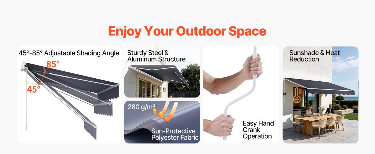 VEVOR Manual Retractable Awning, 11.5' x 9.8' Outdoor Patio Awning Retractable Sun Shade, Patio Door Window Water-Resistant Polyester Sunshade Shelter with Crank Handle for Deck, Balcony, Yard, Gray