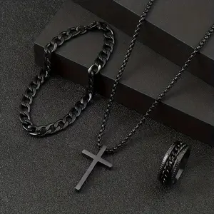3pcs Men'S Alloy Jewelry Set - Black Boho Style Chain Necklace with Cross Pendant, Matching Bracelet & Ring - Hypoallergenic Fashion Accessories for Autumn Outfits