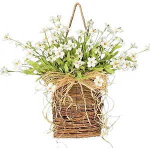 Basket Wreaths for Front Door, Spring Summer Door Hanging Baskets Artificial Wildflowers Wreath for Home Farmhouse Seasonal Holiday Rustic Ornament Decor (B)