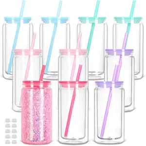 16 Oz Plastic Snow Globe Tumbler with Lid and Straw, 10 Pack Double Wall Pre Drilled Plastic Mason Jar Cups Can for Snow Globe Glitter DIY (Mixed Colors)