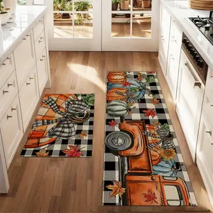 2Pcs black and white checkered floor mat set, Checkered Decorative area rug, printed carpet farmhouse anti fatigue kitchen anti slip washable laundry room decoration mat