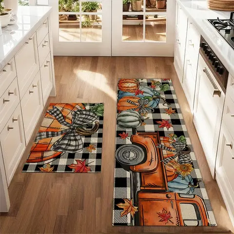 2Pcs black and white checkered floor mat set, Checkered Decorative area rug, printed carpet farmhouse anti fatigue kitchen anti slip washable laundry room decoration mat, Farmhouse Kitchen Rugs, Non Slip Rugs