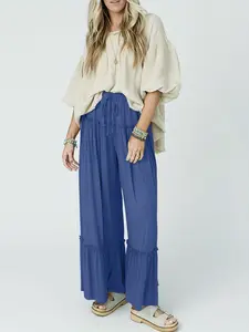 High Waist Ruffle Wide Leg Pants, Boho Flowy Trousers with Drawstring, Casual Loose-Fitting Plain Pattern, All Seasons Clothing