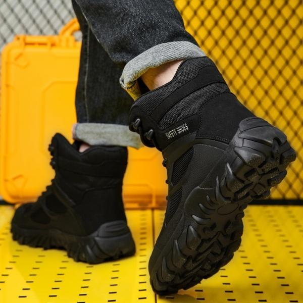 NIEION Men's High Top Steel Toe Safety Boots with Magnetic Closure & Anti-Slip Sole Waterproof Slip-Resistant Black Work Shoes for Outdoor Labor