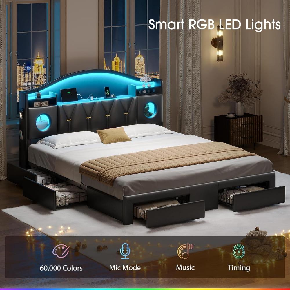 California King Bed Frames, Cal King Bed Frame with Storage Headboard & 6 Drawers, Platform Bed with with LED Lights & Charging