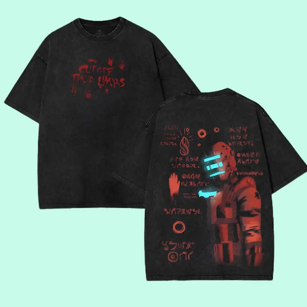 Women's Short-Sleeve Casual Loose-Fit Graphic Print T-Shirt, Dead Space "Cut Off Their Limbs" Design, Vintage Washed Sci-Fi Horror Survival Aesthetic, Isaac Clarke Suit Art, Heavyweight Cotton Streetwear, Gaming Fan Gift