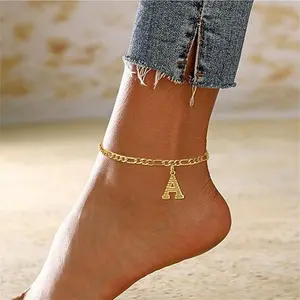 Bohemian women's anklet, single-layer initial anklet jewelry, gold Cuban letter anklet, women's fashion jewelry