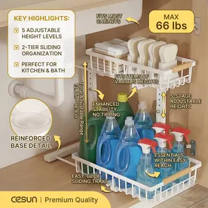 Cesun 2-Tier Slide-Out Under Sink Organizer, Metal Sliding Drawer Kitchen Cabinet Organizers, 1-Pack White Under Sink Storage Solutions for Kitchen, Bathroom,camping essentials