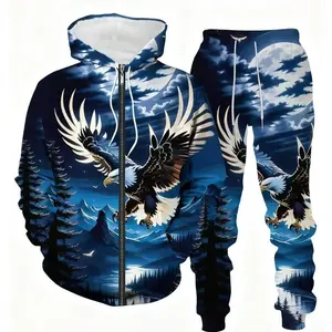 Personalized, fashionable, and comfortable spring and autumn men's zipper long sleeved casual sportswear, paired with a travel eagle pattern, suitable for sports and leisure travel