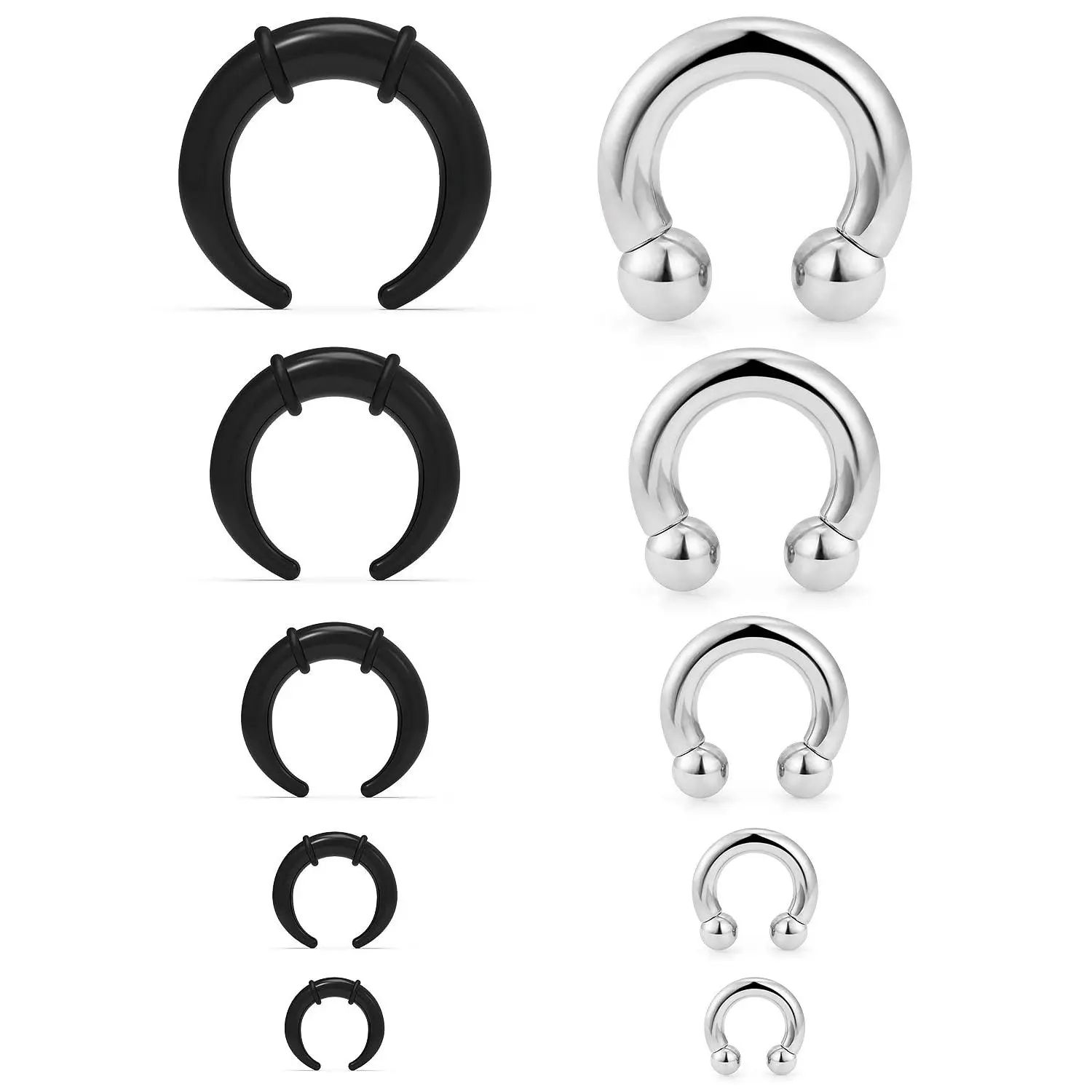 14g-4g Septum Stretching Kit Steel Pincher Tapers C Shape Stretcher Expander With Black O-rings For Pierced Nose Ear Cartilage Women Men 10pcs