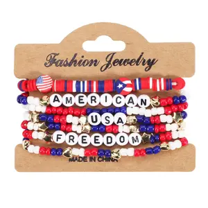 7pcs New USA Independence Day Bracelets - "USA America Freedom" Flag Pattern Polymer Clay Beaded Bracelets Set Stacking Bracelet Youth Fashion Accessory