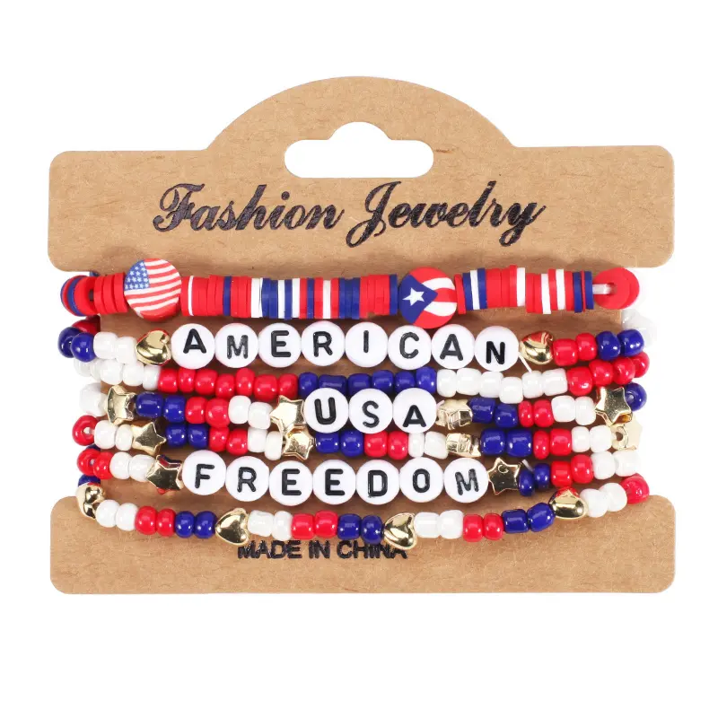 7pcs New USA Independence Day Bracelets - "USA America Freedom" Flag Pattern Polymer Clay Beaded Bracelets Set Stacking Bracelet Youth Fashion Accessory Beaded Bracelet Pack