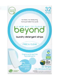 Beyond Laundry Detergent Strips [32 strips] - Free & Clear, Hypoallergenic, No Mess, No Measuring, More Portable Than Pods