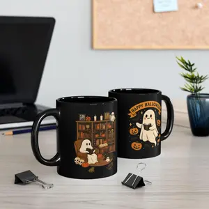 [Sale off up to 50%] Halloween Ghost Reading Mug, Cute Spooky Book Lover Mug, Black Coffee Cup with Ghost Bookshelf & Pumpkins Cozy Fall Gift Skeleton Mug