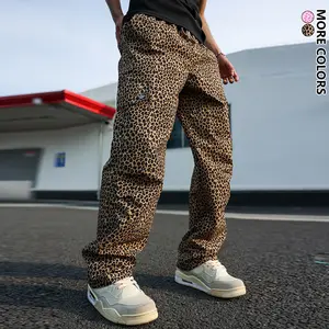Men's Leopard Print Cargo Pants, Trendy Vintage Straight Leg Pants, Regular Fit, Multi-Pocket Design, Polyester Fabric, Perfect for Daily Casual & Outdoor Activities
