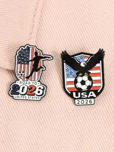 2pcs/set World Football Match Enamel Pins Road To 2026 USA Flag Bald Eagle Soccer Alloy Brooches Lapel Backpack Badge Fashion Jewelry Accessories Gifts for Friends Football Fan