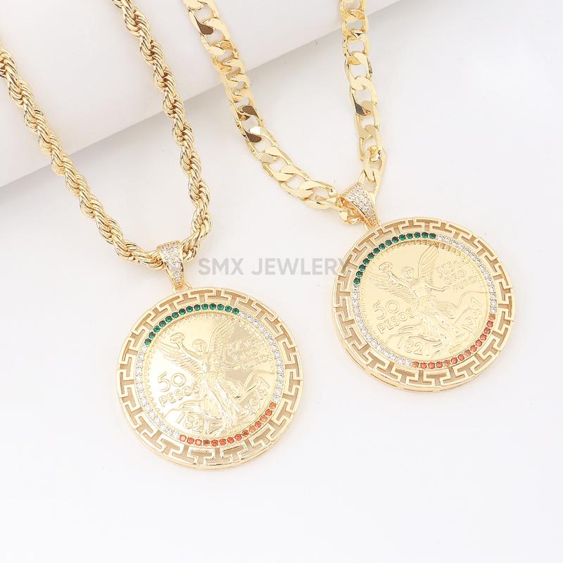 Centenario Necklace 14k Gold Plated Mexican 50 Pesos Centenario Pendant for Men Cuban Link Rope Chain