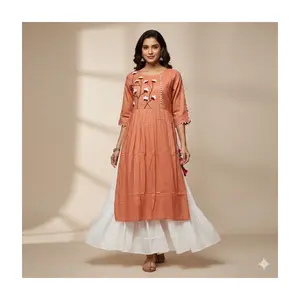 Elegant Rust brown Kurti (Top 23) with Pearl Button Details & Floral Embroidery for Summer Wear( S M L XL XXL) Available