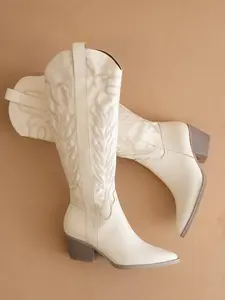 The Samara Boot - Classic Western Style with Modern Embroidered Detailing & Sleek White Faux Leather Finish - Perfect for Country Concerts & Fall Photoshoots
