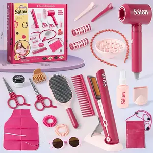 22 Piece Girl Hairdressing Set with Accessories and Apron, PVC Mirror, Fake Hair Dryer, Mixed Colors, Christmas Birthday Easter Gift