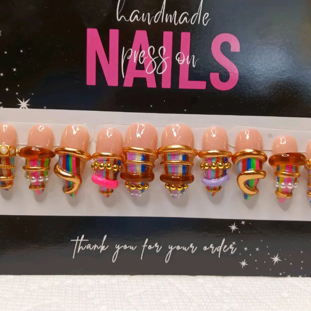 Curve Stiletto Nails Handmade Press On with Rainbow Accents and Gold Trim for Stylish Manicure