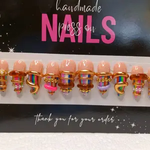 Curve Stiletto Nails Handmade Press On with Rainbow Accents and Gold Trim for Stylish Manicure