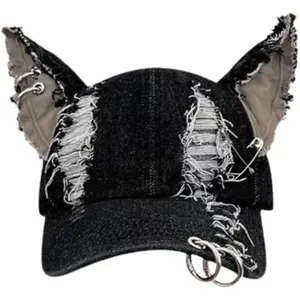 Y2k Iron Ring Trucker Hat Cat Ear Baseball Cap Women Caps Distressed Denim Baseball Cap Grunge Aesthetic Hat (Black)