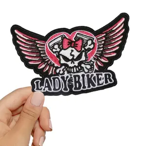 Punky Patches - 5 Pieces Lady Biker Embroidered Patch with Winged Skull and Bow Design for Bikers and Clothes, Backing Adhesive for Iron-On or Sewing, Creative Car Embroidery Stickers, Fashionable Daily Wear Accessory