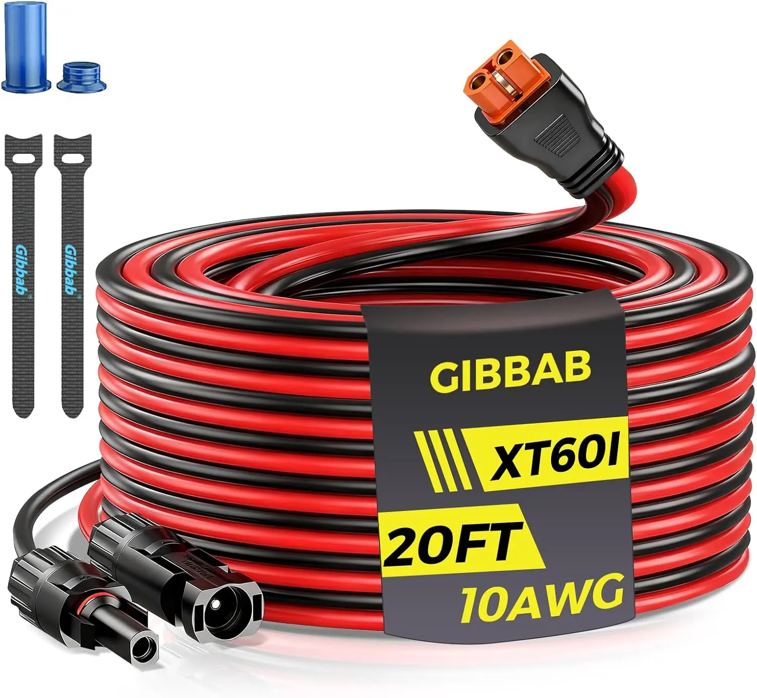 Copper Parallel Wires XT60i-F Adapter Extension Charging Cable (20FT 10AWG, Includes Caps & Wire Ties) - Reverse Safe, 3/6/10/16/25FT Panel Connector Options, for LiFePO4 Battery RV Station