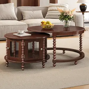 Vintage Round Nesting Coffee Table, 31.5 Inch Walnut Wood Extendable Storage Coffee Table, Six Bamboo-shaped Decorative Glass Doors, Retro Beaded Legs Accent Cocktail Table for Living Room