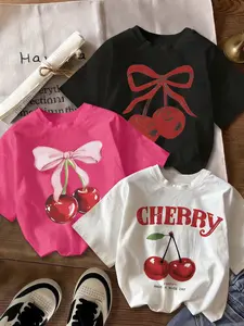 3 Packs Womens Cherry Bow Graphic T Shirts Cute Y2K Short Sleeve Tees Trendy 2026 Fashion Sweet Casual Tops Vintage Cherry Print Blouses Soft Comfy Daily Wear Basic Tees Multiple Colors Available
