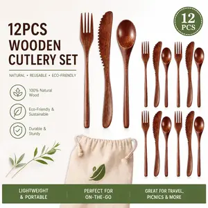 12-Piece Wooden Utensils for Eating - Natural Wood Cutlery Set (Spoons, Forks, Knives) - Eco-Friendly Dinner Flatware & Tableware Set outdoorfun