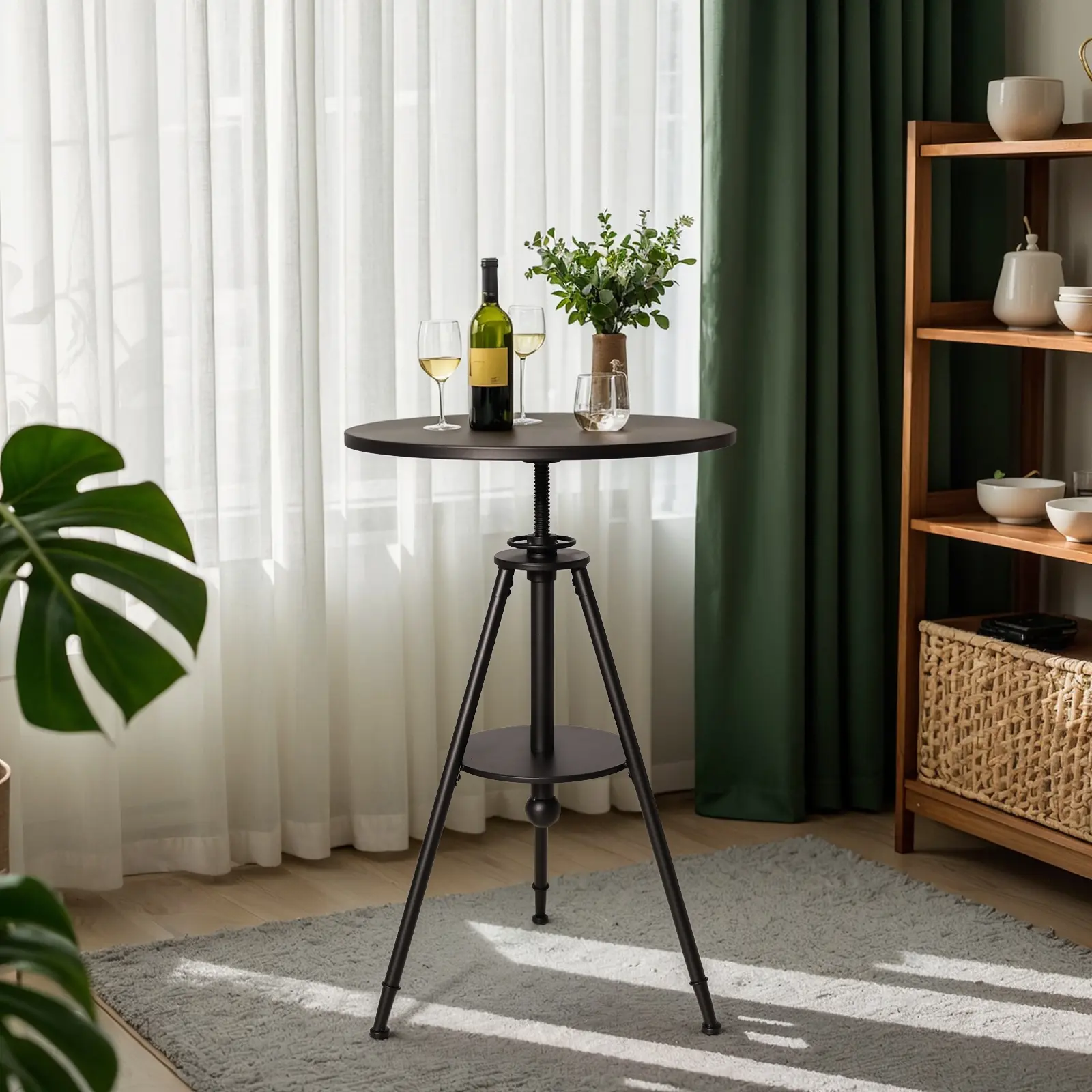 33.46”-39.37” Height Adjustable Bar Table - 23.62" Rotating Metal Round Tabletop - 3-Leg Base with Footrest - Space Saving Furniture Modern Industrial Style - Heavy Duty, Black