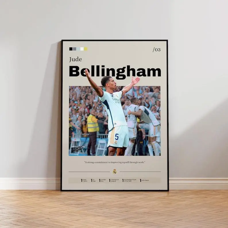 Jude Bellingham Poster Art Print, Soccer Star Wall Decor, Football Player Portrait, Sports Room Decoration, Gift for Soccer Fans