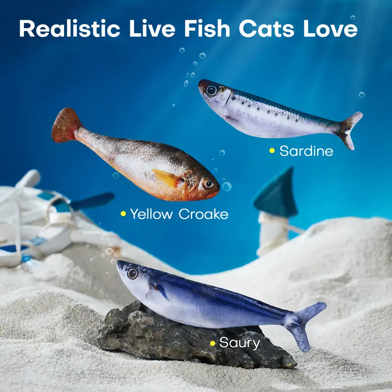 Potaroma 3-Pack 7.1in Bite-Sized Realistic Fish Simulation Cat Toys - Rechargeable 150mAh with USB Cable, 3 Flapping Modes, Auto-Activated Fast Motion, Chewable Durable Plush, Interactive Boredom-Buster (Sardine/Saury/Yellow Croaker)