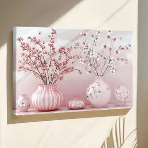 Multi-Size Artistic Floral Print Canvas Painting - Pink Flowers Vase Botanical Still Life, Wood-Framed High-Quality Durable Water-Resistant Wall Decor, Home Decoration Poster for Room Gifts