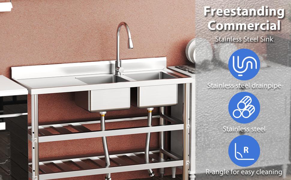【Restock Sale】GARVEE Free Standing Commercial Kitchen Sink, Stainless Steel Utility Sink with Hot & Cold Hoses, Stainless Steel Double Bowl Utility Sink Set for Garage, Restaurant, Kitchen, Outdoor
