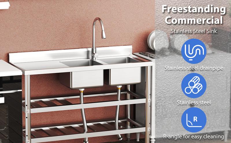 【Restock Sale】GARVEE Free Standing Commercial Kitchen Sink, Stainless Steel Utility Sink with Hot & Cold Hoses, Stainless Steel Double Bowl Utility Sink Set for Garage, Restaurant, Kitchen, Outdoor