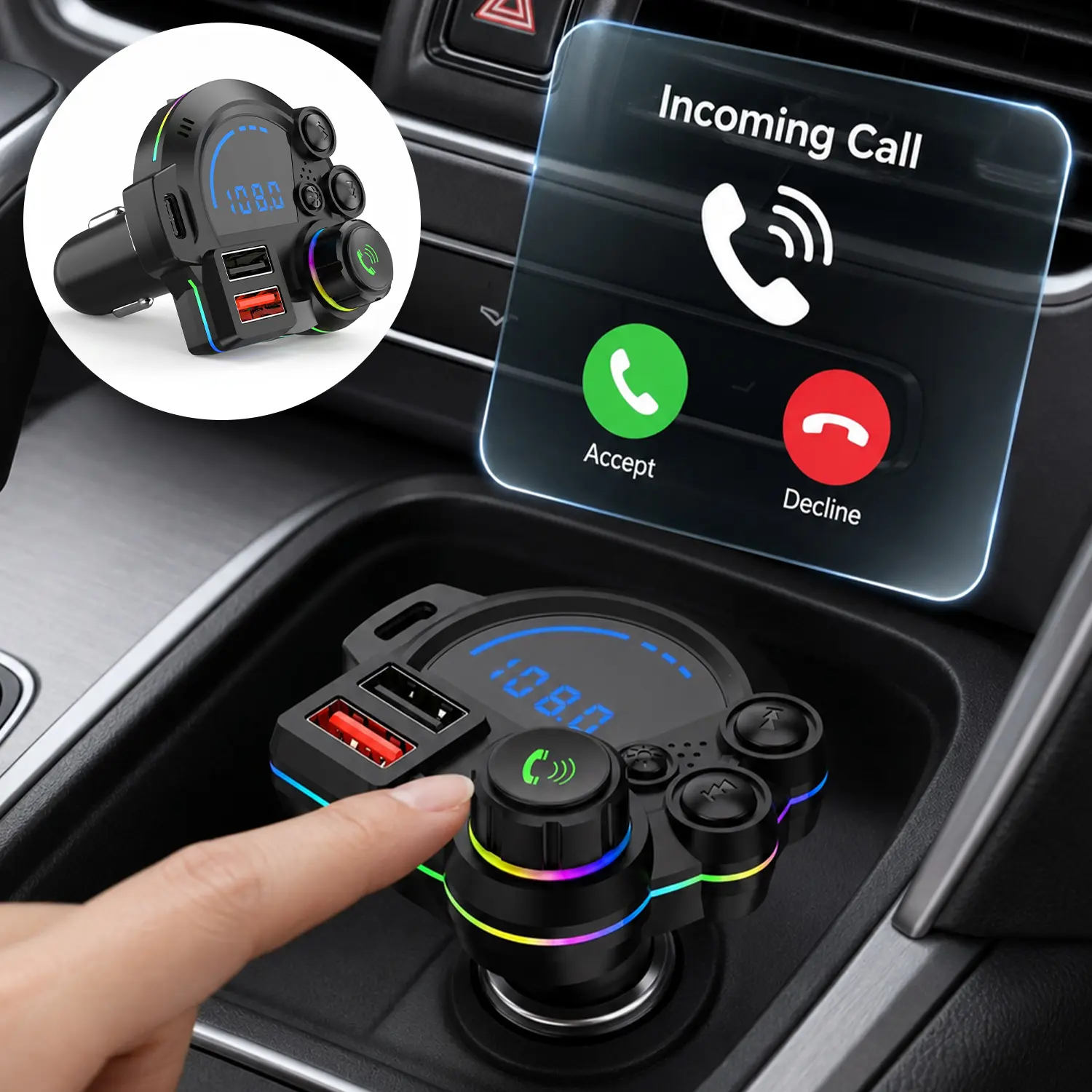 Type-C Car Charger & Bluetooth 5.3 FM Transmitter, Wireless MP3 Player with Dual USB Ports, Bass Sound Enhancer, RGB Glowing Radio Adapter, Hands-Free Calls, Car Accessories & Road Trip Essentials, Compatible with 12V-24V