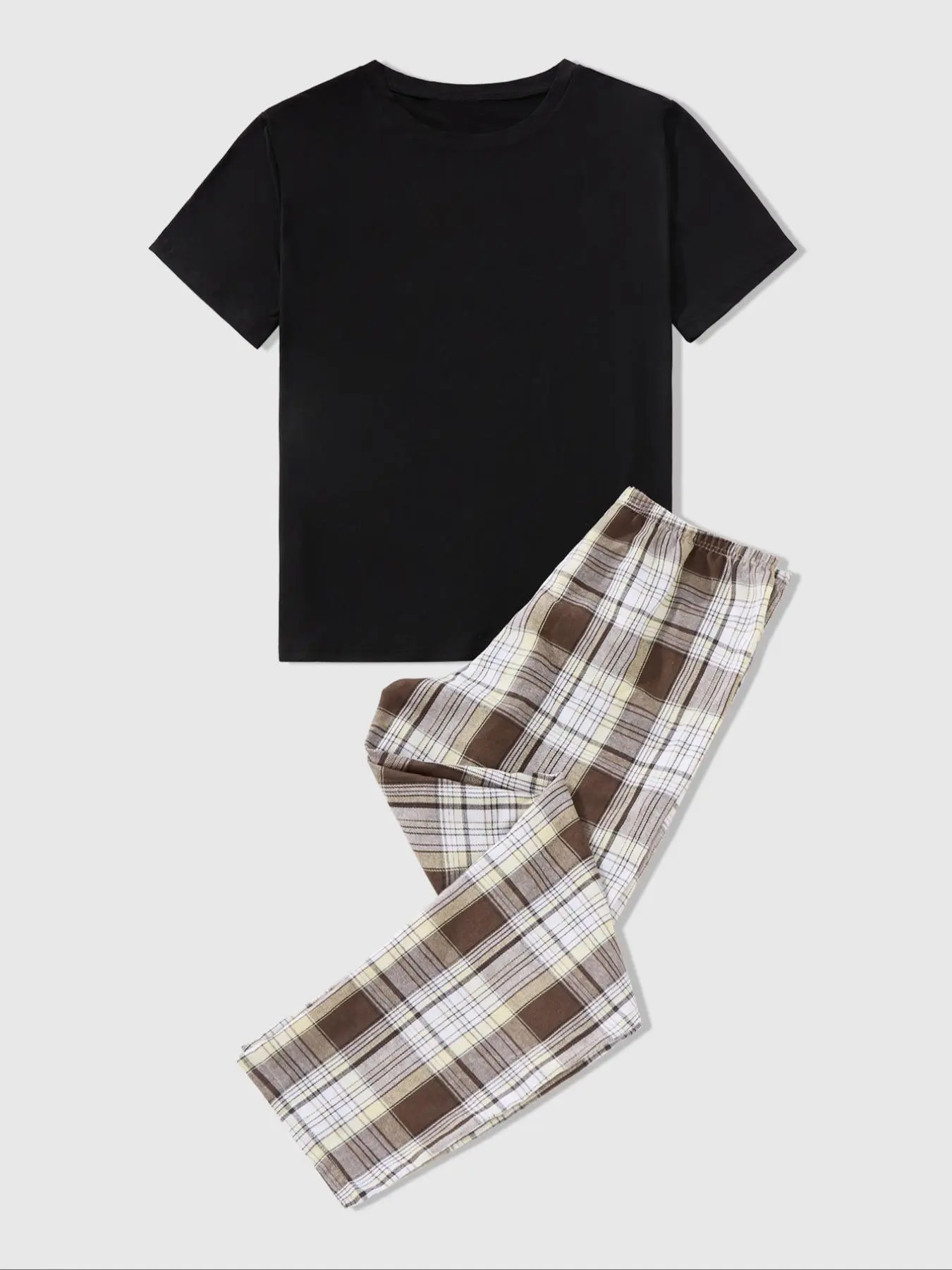 Men's Short Sleeve and Long Pants Trouser Home Set, Comfortable Casual Loose Fit Plain Color T-Shirt with Checkered Plaid Pants, Ideal for Leisure and Relaxation, Outfit