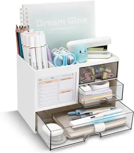 Desk Organizer with 3 Drawer, Desk Organizers and Storage with 8 Compartments, White Desktop Organizer for Office, Home, and Art Supplies