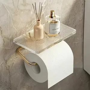 Stylish Acrylic Toilet Paper Holder, wall mounted with self-adhesive design. No complex installation needed, serving as a sleek bathroom storage shelf. Modern luxury look to organize bath essentials and keep your restroom tidy, Toilet Paper Organizer