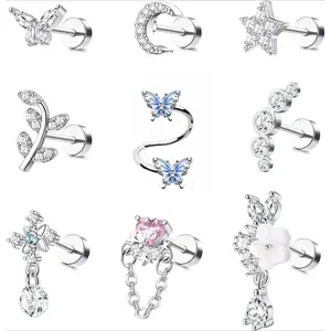 9PCS Cartilage Earrings Helix Earrings for Women Stainless Steel Helix Piercing Jewelry Leaf Butterfly Studs Flat Back Cartilage Earrings