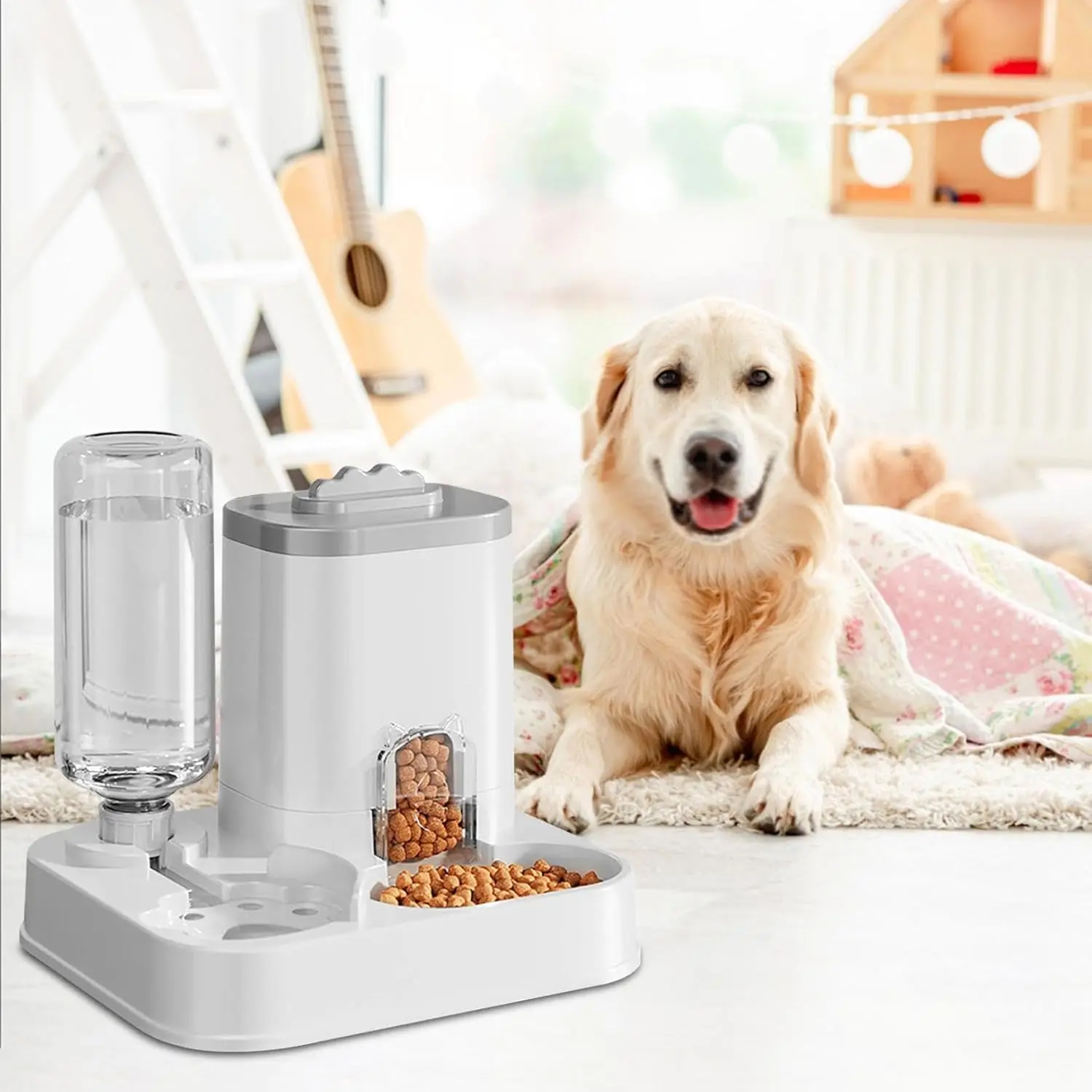 Automatic Dog Cat Feeder and Water Dispenser Combo, Large Capacity Pet Food and Water Station with Integrated Bowl for Multiple Pets
