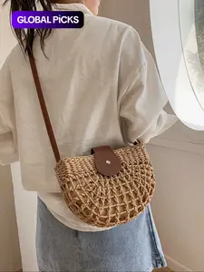 Women's Boho Semicircular Shape Hollow out Straw Bag, Trendy Elegant Crossbody Bag, Chic Summer 2026 Crossbody Bag for Beach Outfits, Casual Trendy Bag, Handcrafted Bag