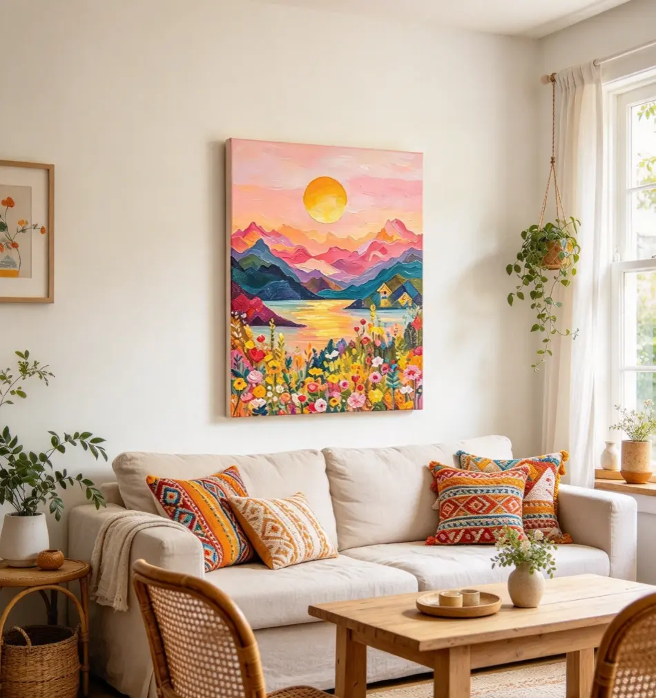 Vibrant Sunset Mountain Landscape Wall Art, Colorful Floral Field Print, Dreamy Poster, Sunrise Painting, Boho Decor, Digital Download